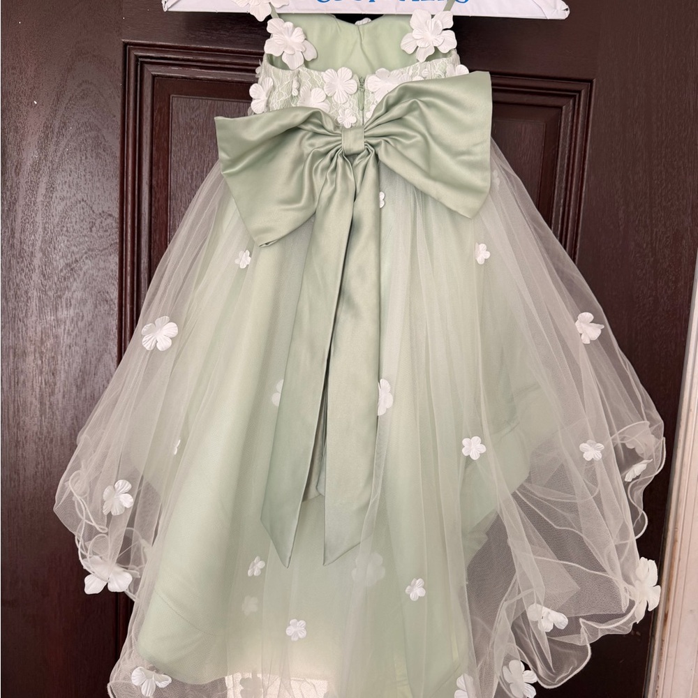 Sage Green Floral Tulle Girls' Dress - Picture 8 of 16